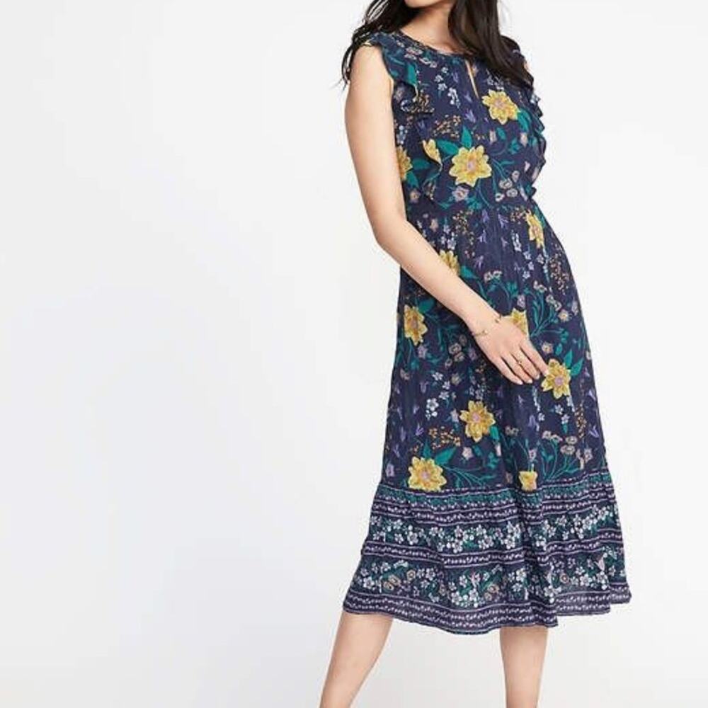 Old Navy Dress Womens Medium Blue Rayon Floral Ruffle Lace Maxi